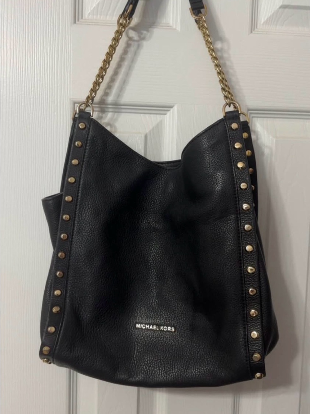 Michael Kors Black Leather Shoulder Bag with Gold Studs and Chain Strap